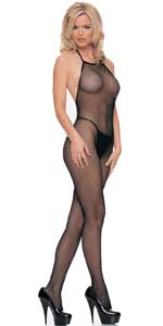Seamless Fishnet Halter V-Back Bodystocking