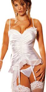 White Shirred Charmeuse and Stretch Mesh Bustier